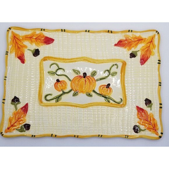 Fall Temptations by Tara Rectangle Tray Trivet Ceramic Pumpkin Autumn Acorn 6x9 - Picture 2 of 9